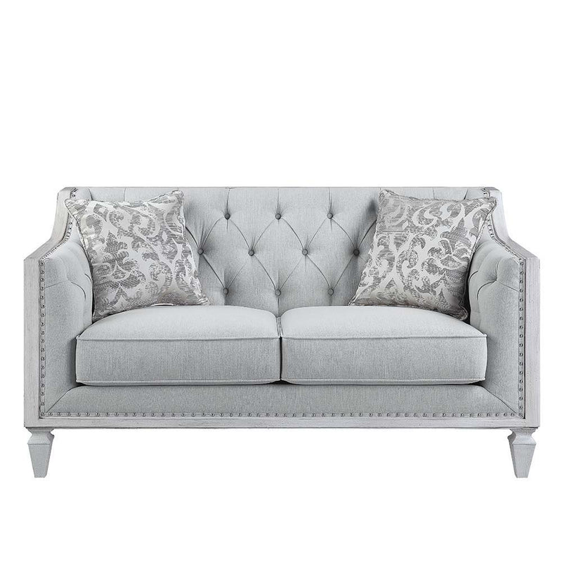 Katia - Loveseat - Light Gray Linen & Weathered White Finish