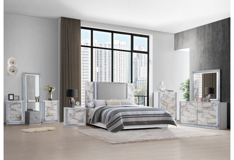 Ylime - 4 Piece King Bedroom Set (King Bed, Dresser, Mirror, Nightstand) - White Marble