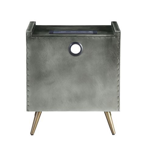 Doris - Nightstand - Gray Top Grain Leather & Aluminum