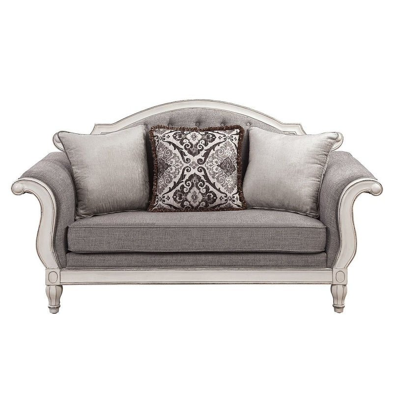 Florian - Loveseat With 3 Pillows - Gray Fabric & Antique White