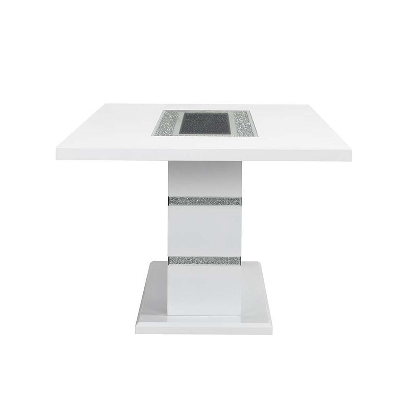 Elizaveta - Dining Table - Gray Velvet, Faux Crystal Diamonds &White High Gloss Finish