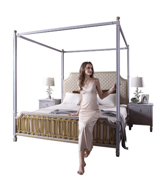 House - Marchese California King Bed - Beige PU, Gold & Pearl Gray Finish