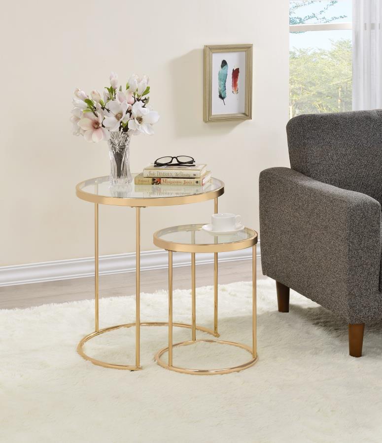 Maylin - 2 Piece Round Glass Top Nesting Table Set - Gold