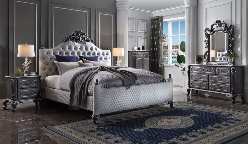 House - Delphine - Queen Bed - Two Tone Ivory Fabric & Charcoal Finish