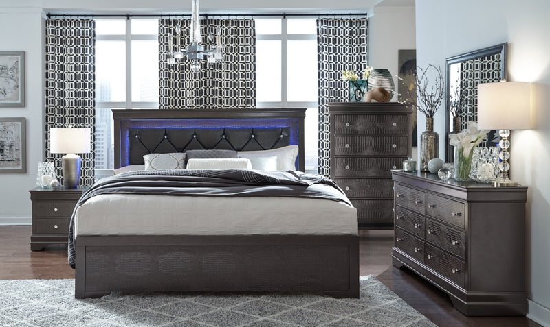 Pompei - 5 Piece Queen Bedroom Set With LED - Metallic Gray