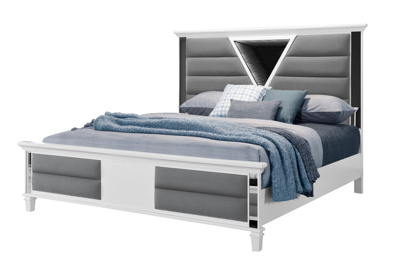 Marco - King Bed With LED 3D Mirror - Metallic White