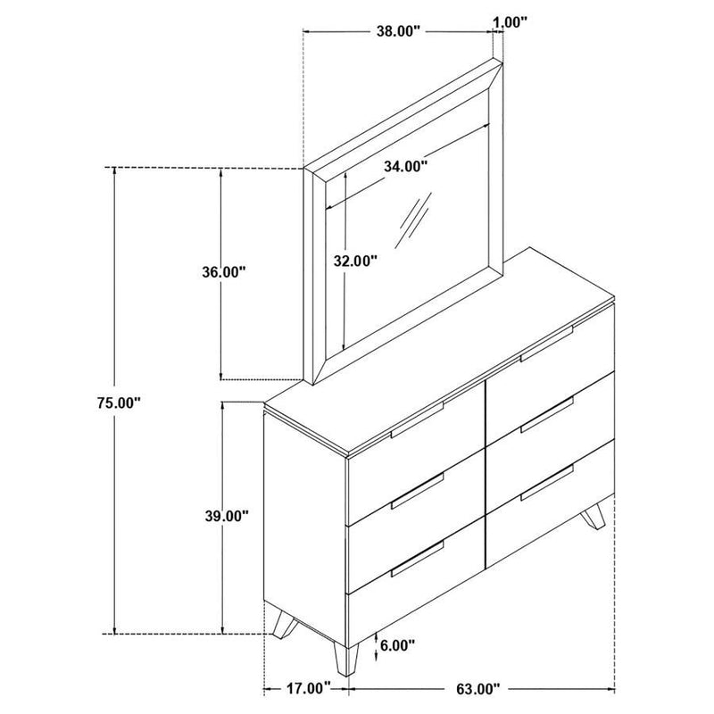 Nathan - 6-Drawer Dresser With Mirror - White Marble And Grey