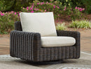 Kimora - 7 Pc. - 4-Piece Outdoor Sectional, Swivel Glider Lounge, Cocktail Table, End Table - Beige / Dark Brown