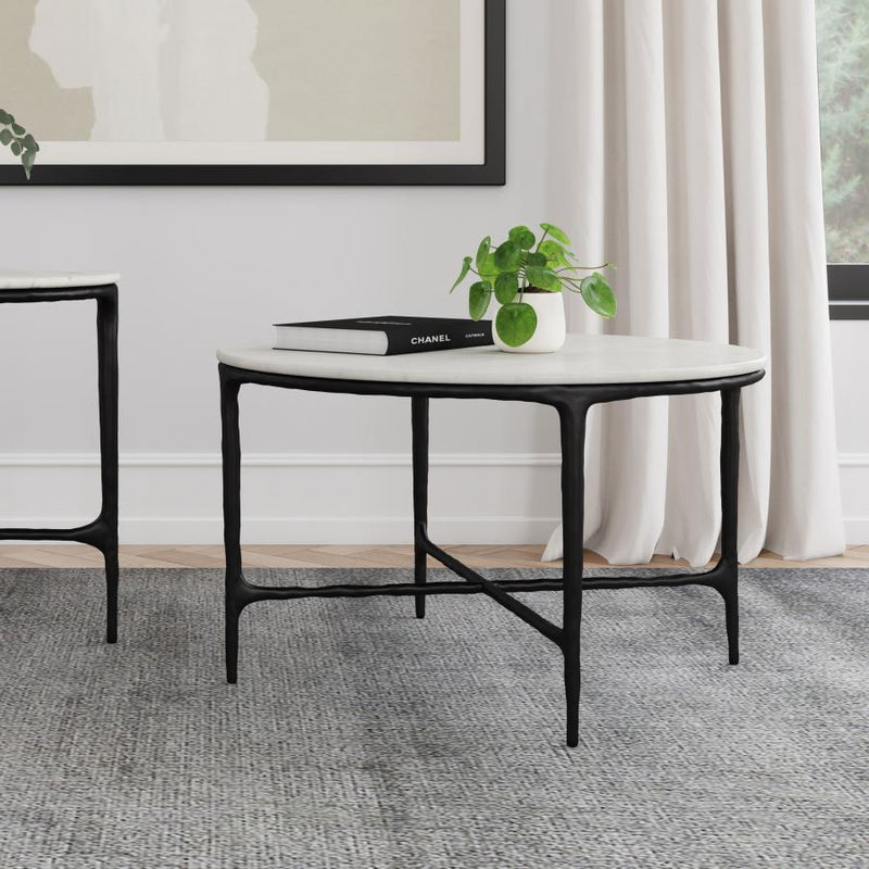 Hermas - Round Genuine Marble Top Metal Coffee Table - White