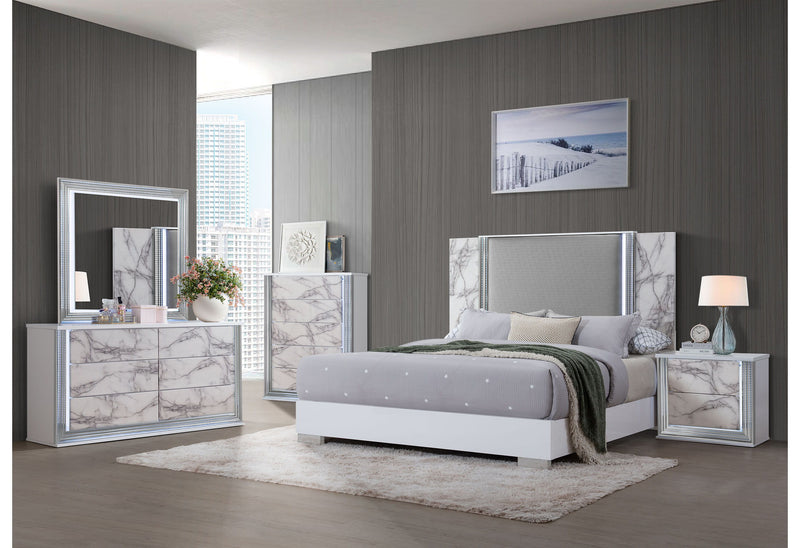 Ylime - 4 Piece King Bedroom Set (King Bed, Dresser, Mirror, Nightstand) - White Marble