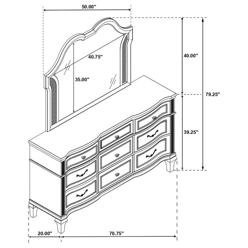 Evangeline - 9-Drawer Dresser With Mirror - Silver Oak