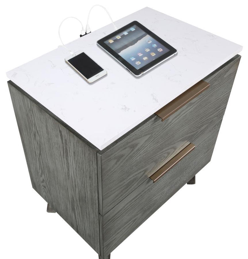 Nathan - 2-Drawer Nightstand With USB Port - White Marble And Gray