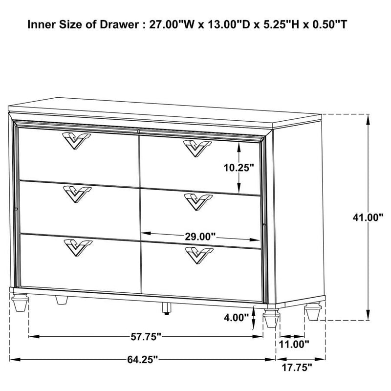 Veronica - 6-Drawer Bedroom Dresser - Light Silver