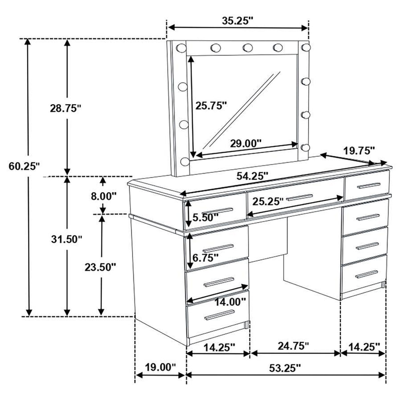 Felicity - 9-Drawer Vanity Desk With Lighted Mirror - Glossy White