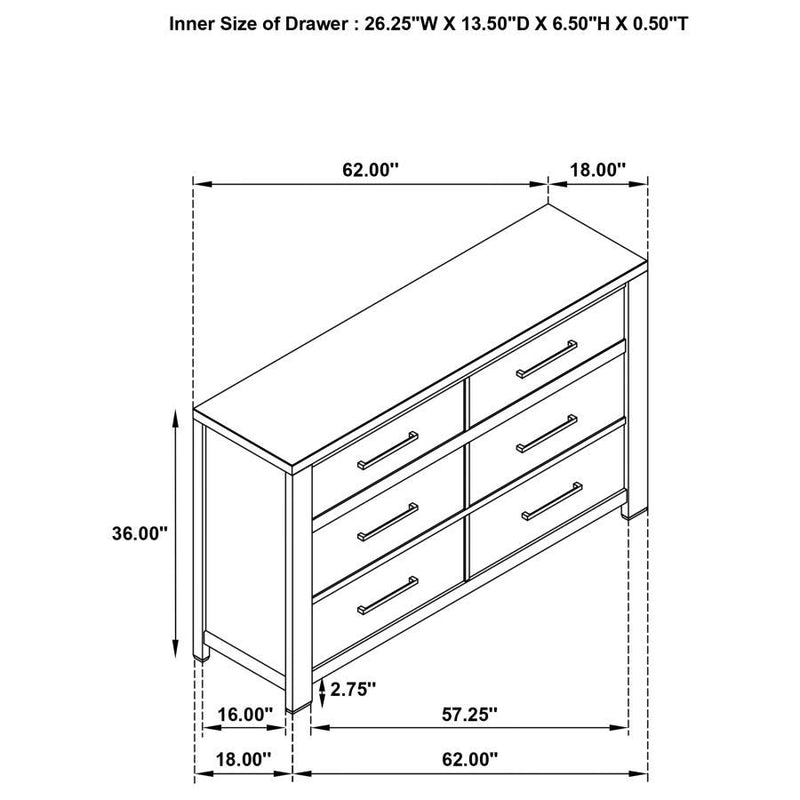 Kieran - 6-Drawer Bedroom Dresser - Gray