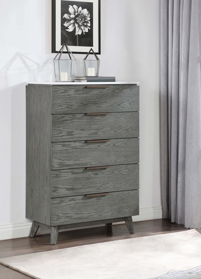 Nathan - 5-Drawer Chest - White Marble And Gray